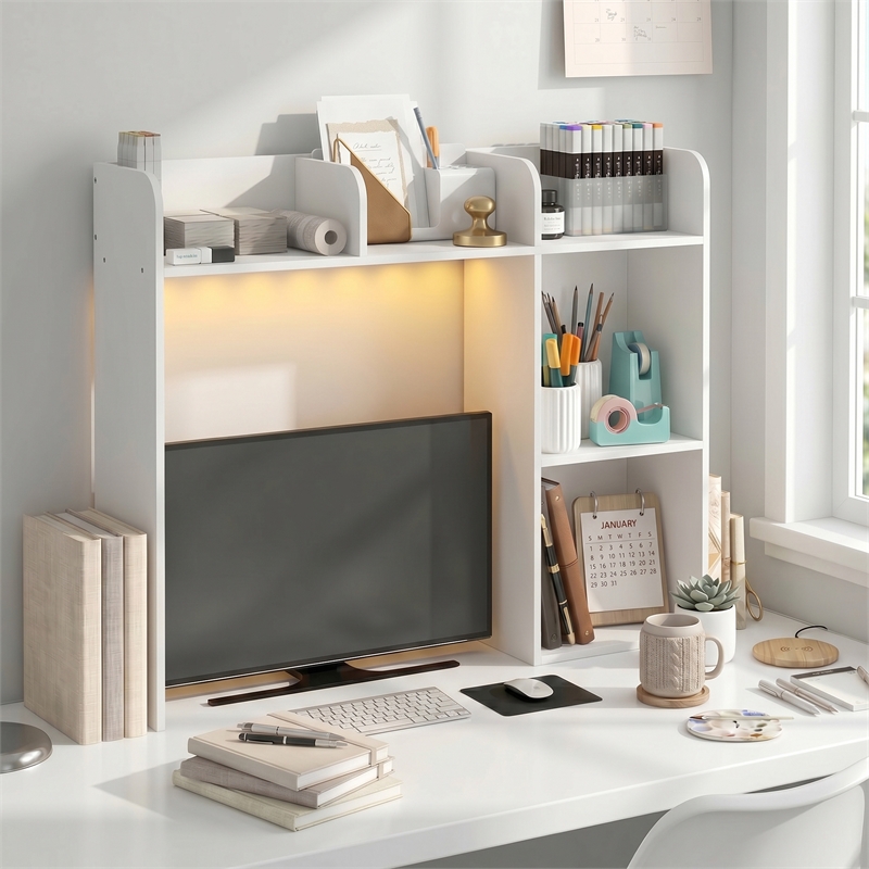 Furinno CLASSIC 5-Shelf LED Lights Desktop Hutch Desk Organzier. White