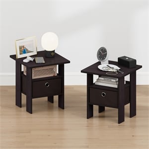 Furinno TIDUR Set of 2 Open Shelf Nightstand with Storage Bin. Dark Walnut