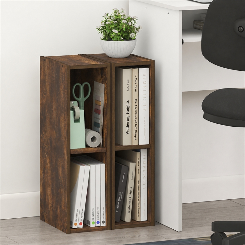 Furinno FULDA Set of 2. 2-Tier 6-In Width Narrow Bookcase. Amber Pine
