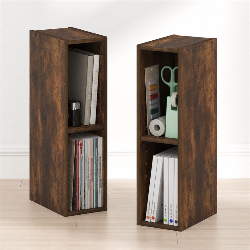 Furinno FULDA Set of 2. 2-Tier 6-In Width Narrow Bookcase. Amber Pine