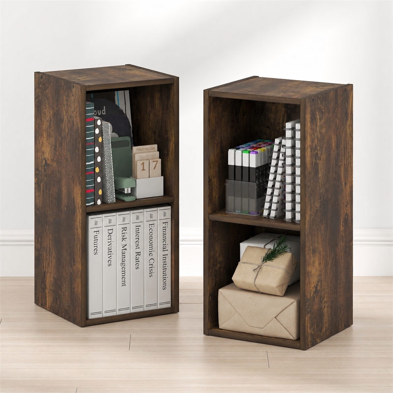 Furinno FULDA Set of 2. 2-Tier 10-In Width Narrow Bookcase. Amber Pine