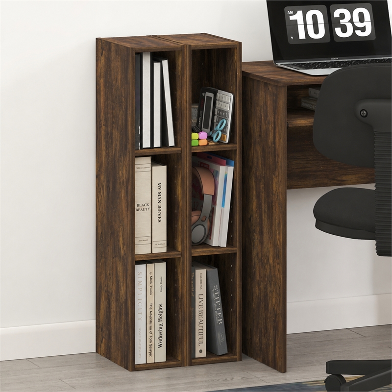 Furinno FULDA Set of 2. 3-Tier 6-In Width Narrow Bookcase. Amber Pine