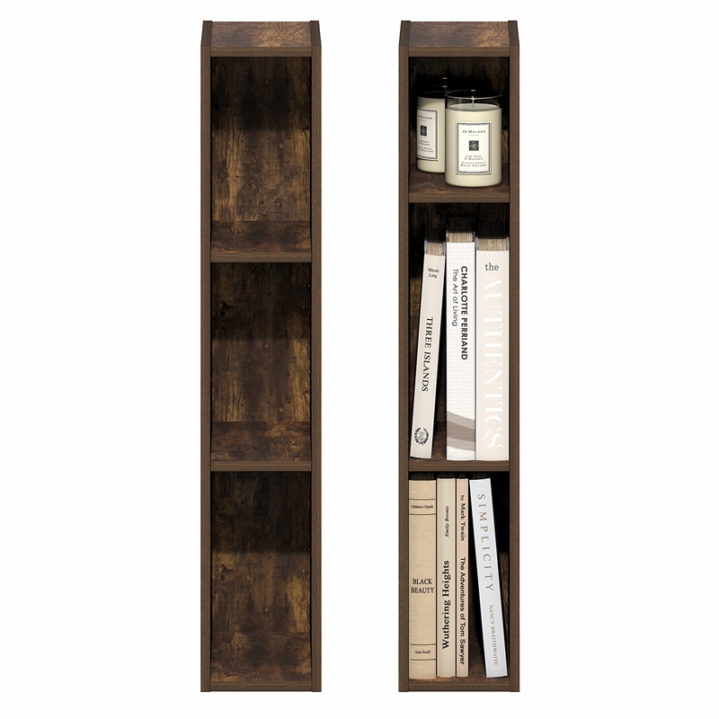 Furinno FULDA Set of 2. 3-Tier 6-In Width Narrow Bookcase. Amber Pine