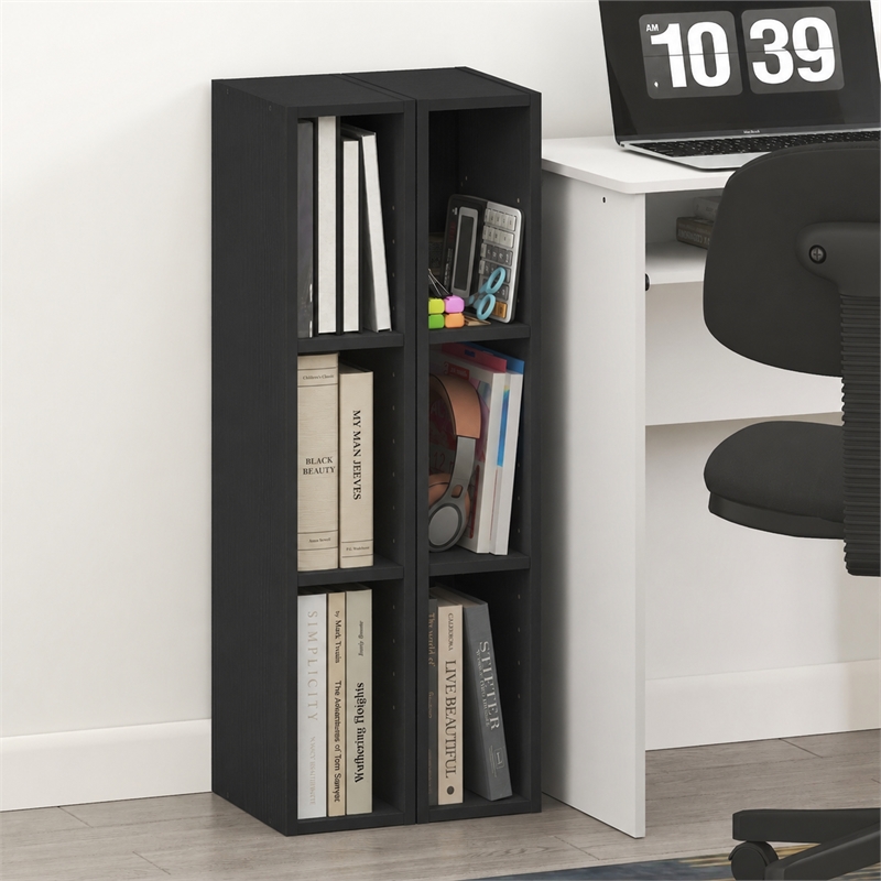 Furinno FULDA Set of 2. 3-Tier 6-In Width Narrow Bookcase. Blackwood