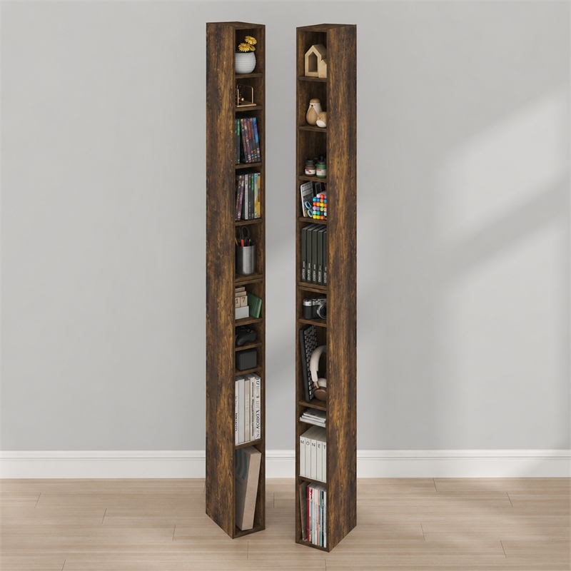 Furinno FULDA Set of 2. 10-Tier Space Saving Storage Shelf Bookcase. Amber Pine