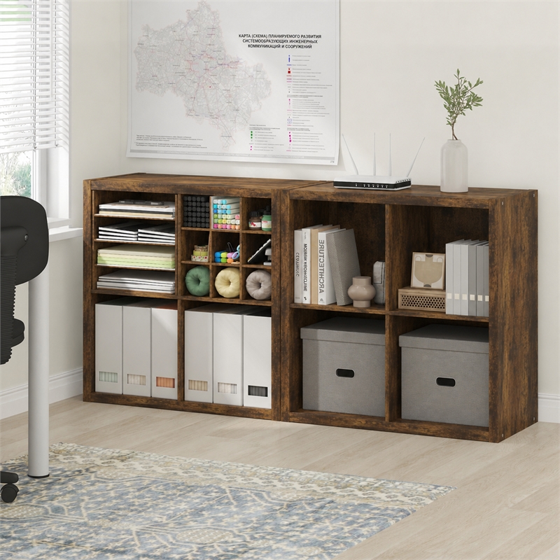 Furinno CUBICLE Set of 2. 4-Cube Thick Frame Reversible Bookcase. Amber Pine