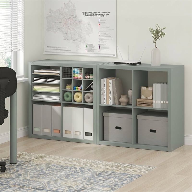 Furinno CUBICLE Set of 2. 4-Cube Thick Frame Reversible Bookcase. Sage Green