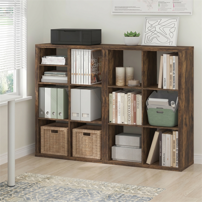 Furinno CUBICLE Set of 2. 6-Cube Thick Frame Reversible Bookcase. Amber Pine