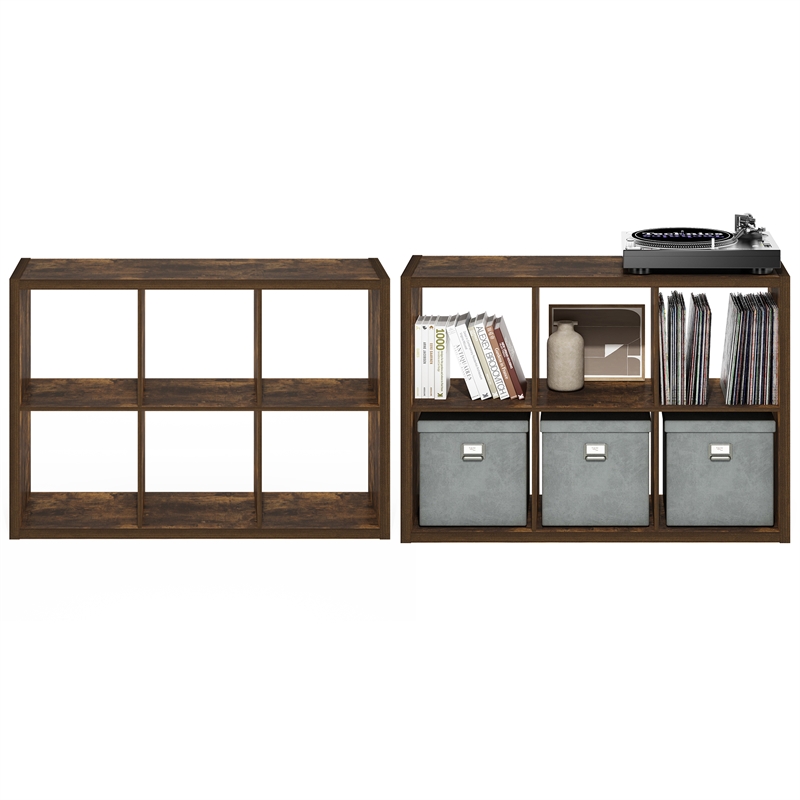 Furinno CUBICLE Set of 2. 6-Cube Thick Frame Reversible Bookcase. Amber Pine