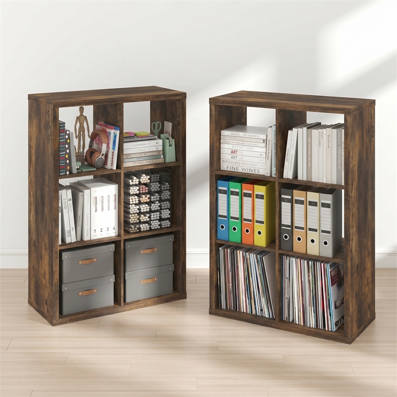 Furinno CUBICLE Set of 2. 6-Cube Thick Frame Reversible Bookcase. Amber Pine