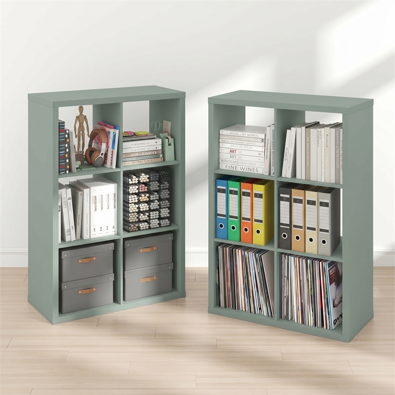 Furinno CUBICLE Set of 2. 6-Cube Thick Frame Reversible Bookcase. Sage Green
