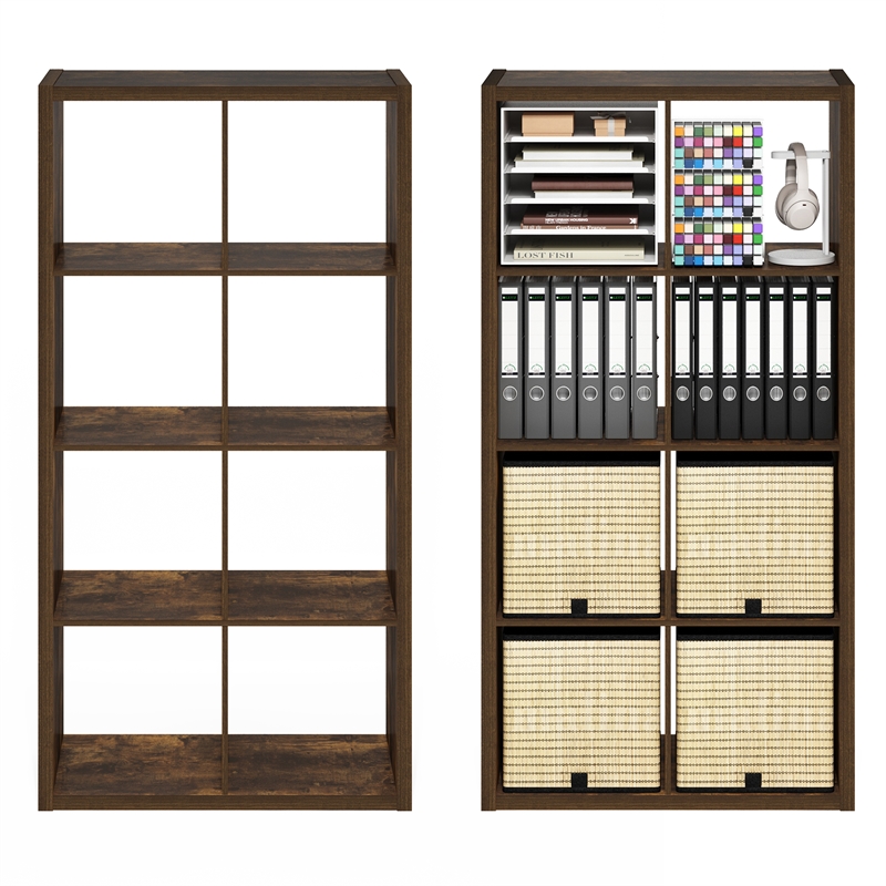Furinno CUBICLE Set of 2. 8-Cube Thick Frame Reversible Bookcase. Amber Pine