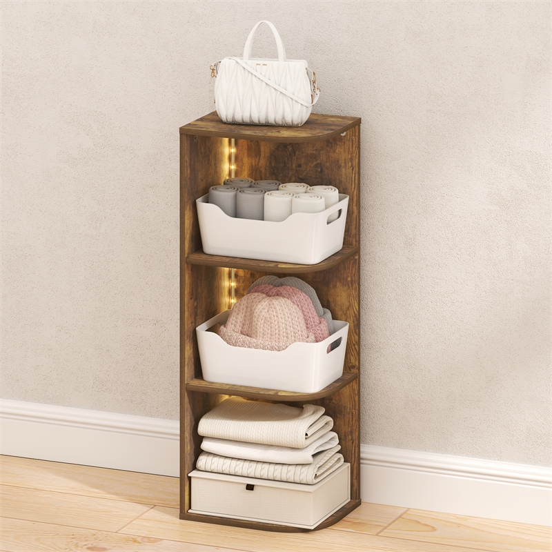 Furinno PASIR 3-Tier Corner LED Lights Closet Organizers and Storage. Amber Pine