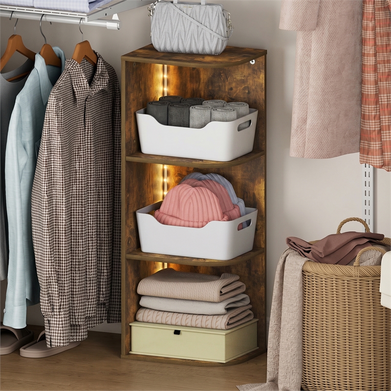 Furinno PASIR 3-Tier Corner LED Lights Closet Organizers and Storage. Amber Pine