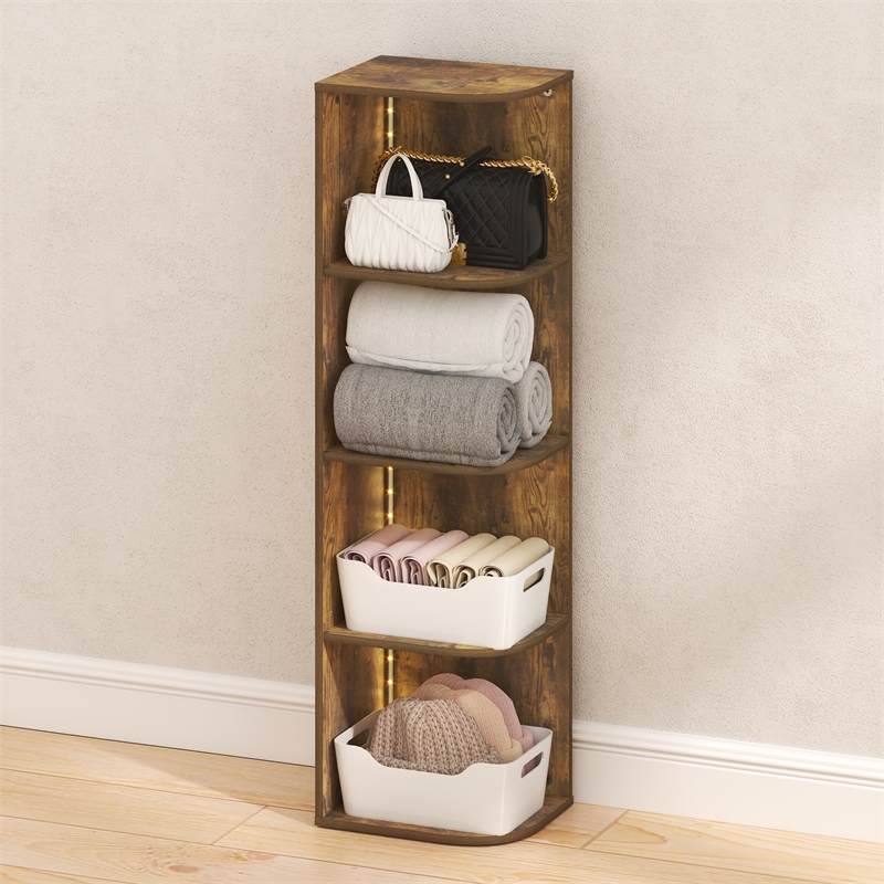 Furinno PASIR 4-Tier LED Open Corner Closet Organizers. Amber Pine