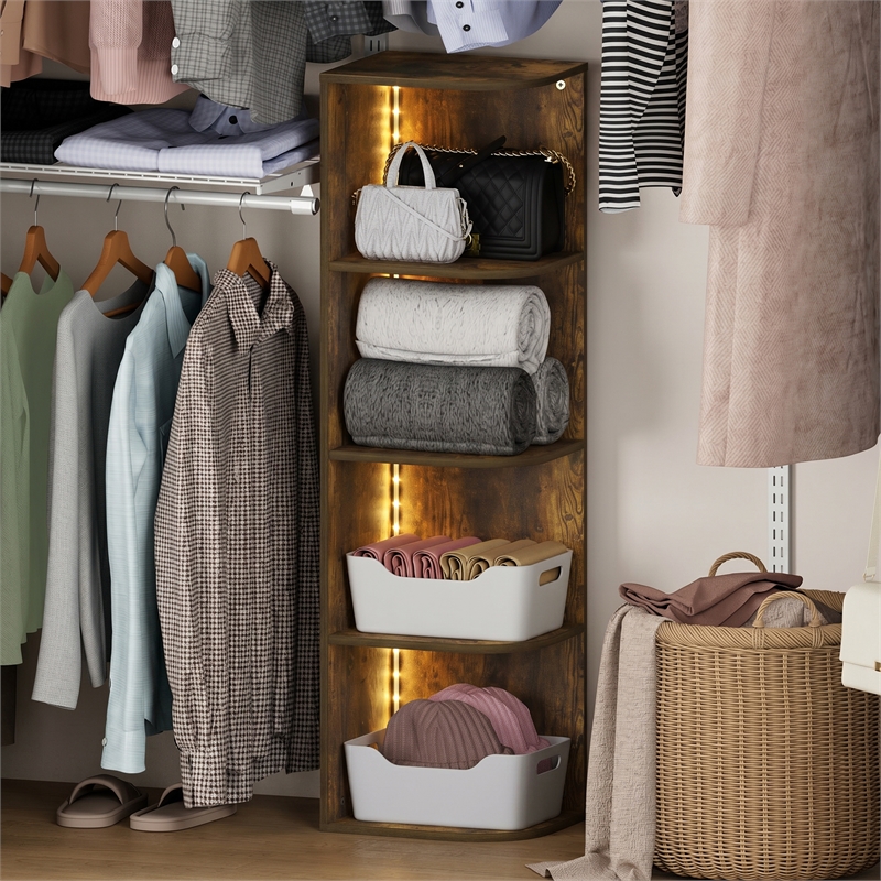 Furinno PASIR 4-Tier LED Open Corner Closet Organizers. Amber Pine