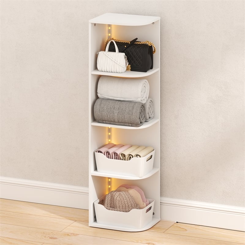 Furinno PASIR 4-Tier LED Closet Organizers. Open Corner Shelf Storage. White