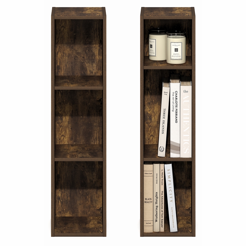 Furinno FULDA Set of 2. 3-Tier 8-In Width Narrow Bookcase. Amber Pine