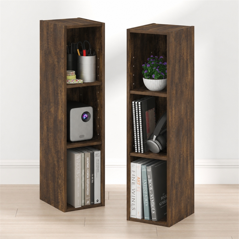 Furinno FULDA Set of 2. 3-Tier 8-In Width Narrow Bookcase. Amber Pine