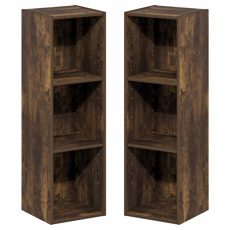 Furinno FULDA Set of 2. 3-Tier 10-In Width Narrow Bookcase. Amber Pine