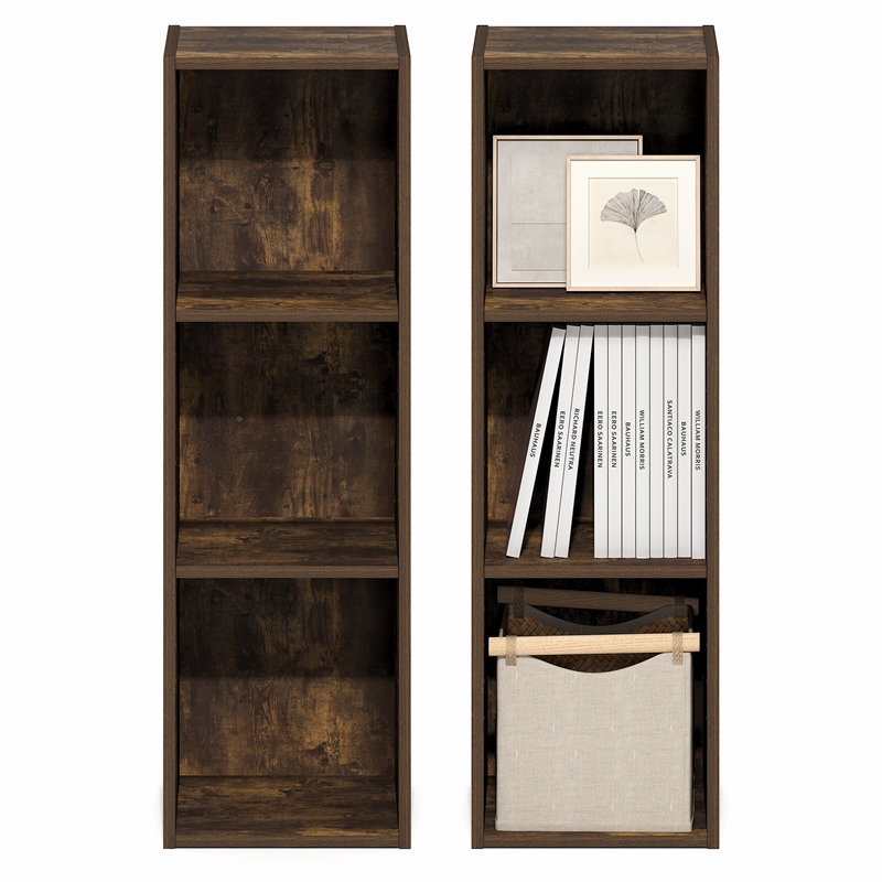 Furinno FULDA Set of 2. 3-Tier 10-In Width Narrow Bookcase. Amber Pine