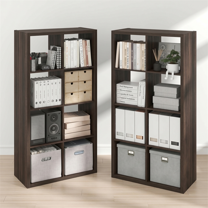 Furinno CUBICLE Set of 2. 8-Cube Thick Frame Reversible Bookcase. Black Dark Oak