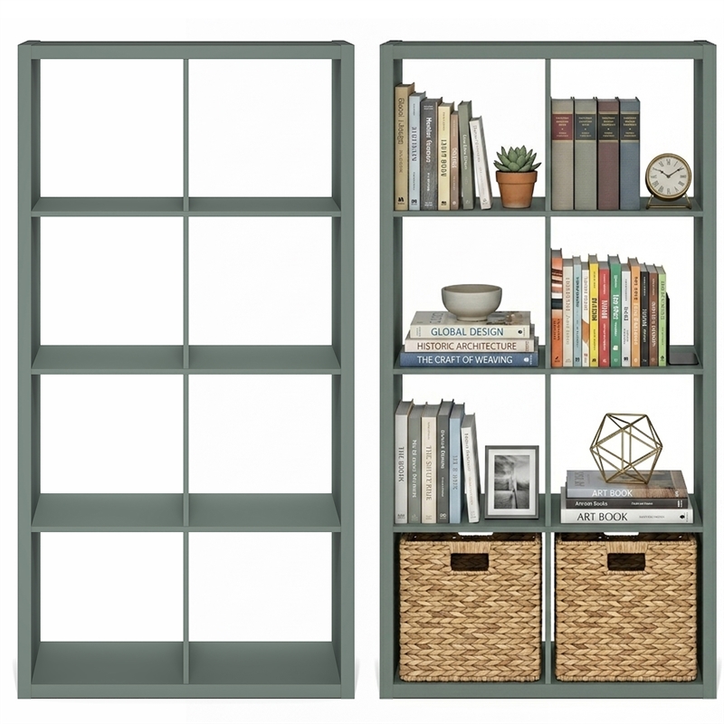 Furinno CUBICLE Set of 2. 8-Cube Thick Frame Reversible Bookcase. Sage Green