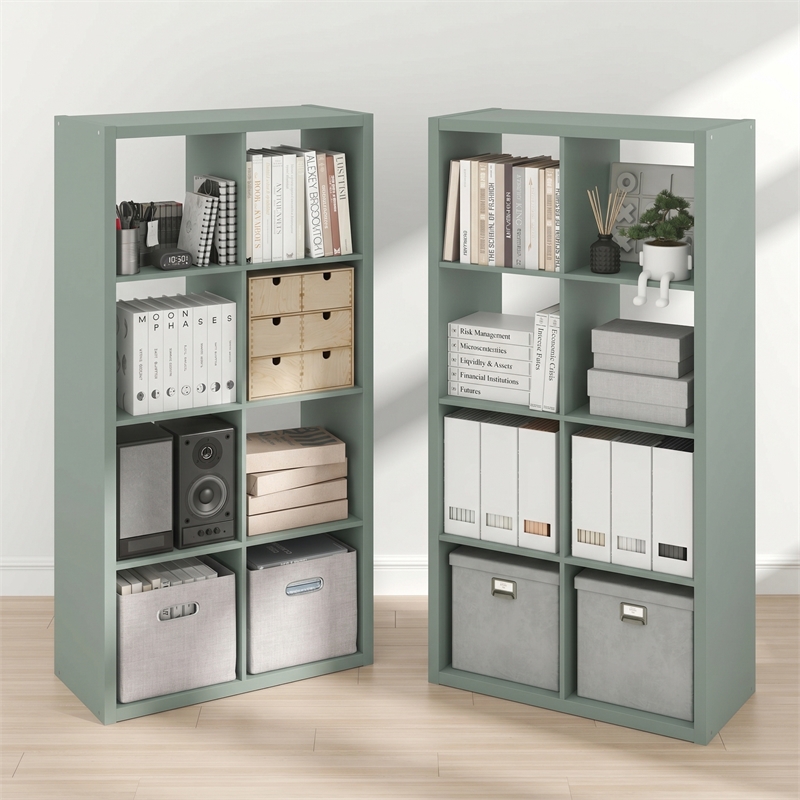 Furinno CUBICLE Set of 2. 8-Cube Thick Frame Reversible Bookcase. Sage Green