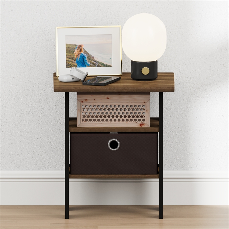 Furinno TIDUR Open Shelf Nightstand with Storage Bin. End Table. Columbia Walnut