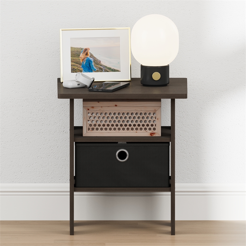 Furinno TIDUR Open Shelf Nightstand with Storage Bin. End Table. Dark Brown