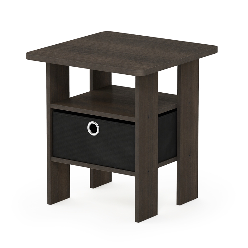 Furinno TIDUR Open Shelf Nightstand with Storage Bin. End Table. Dark Brown