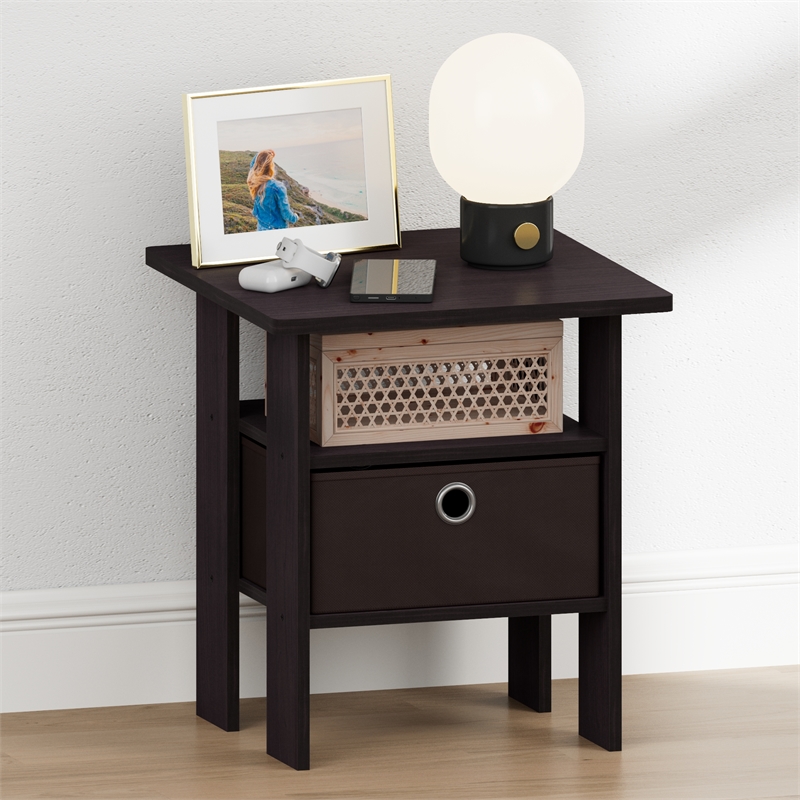 Furinno TIDUR Open Shelf Nightstand with Storage Bin. End Table. Dark Walnut
