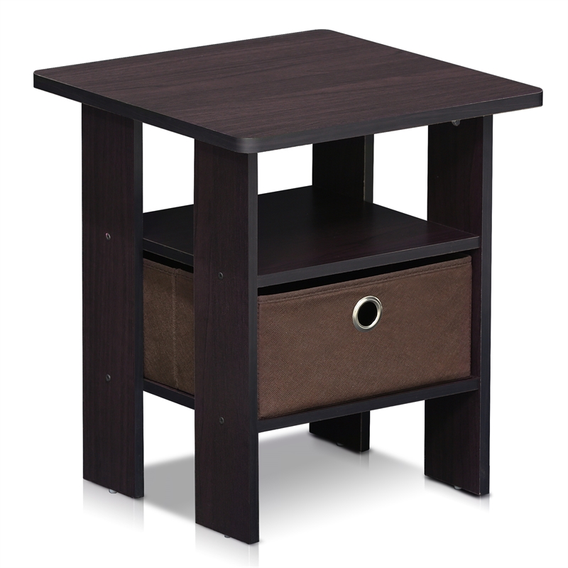 Furinno TIDUR Open Shelf Nightstand with Storage Bin. End Table. Dark Walnut
