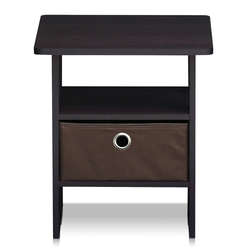 Furinno TIDUR Open Shelf Nightstand with Storage Bin. End Table. Dark Walnut