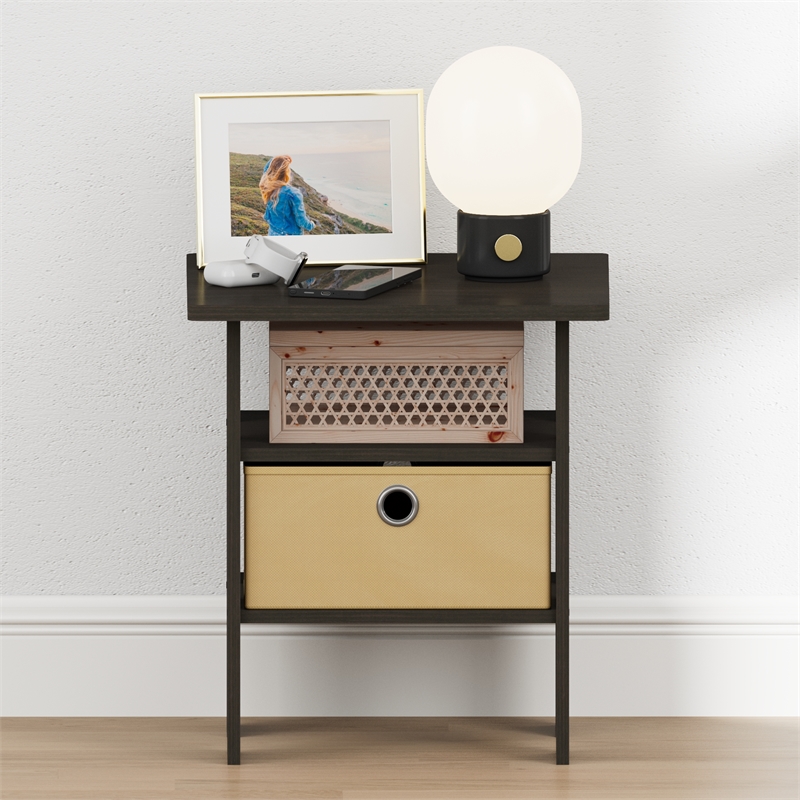 Furinno TIDUR Open Shelf Nightstand with Storage Bin. End Table. Espresso
