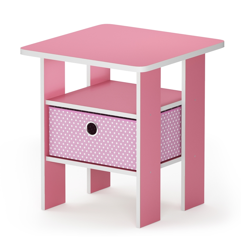 Furinno TIDUR Open Shelf Nightstand with Storage Bin. End Table. Pink