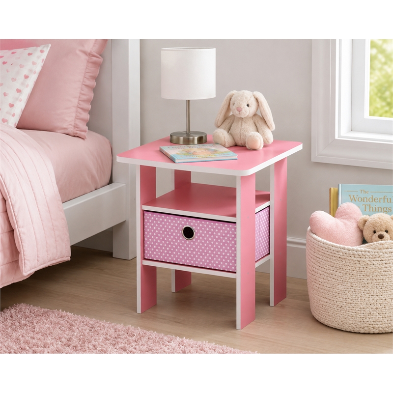 Furinno TIDUR Open Shelf Nightstand with Storage Bin. End Table. Pink