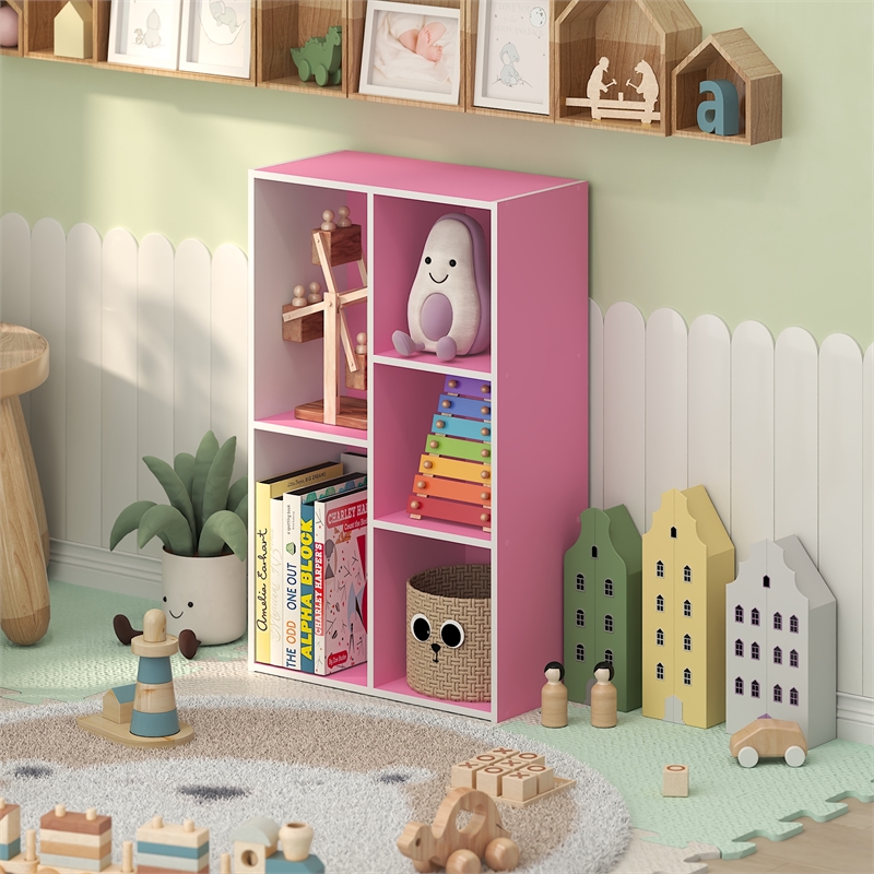 Furinno LUDER 5-Cube Pink Cube Storage Organizer. Bookcase. White/Pink