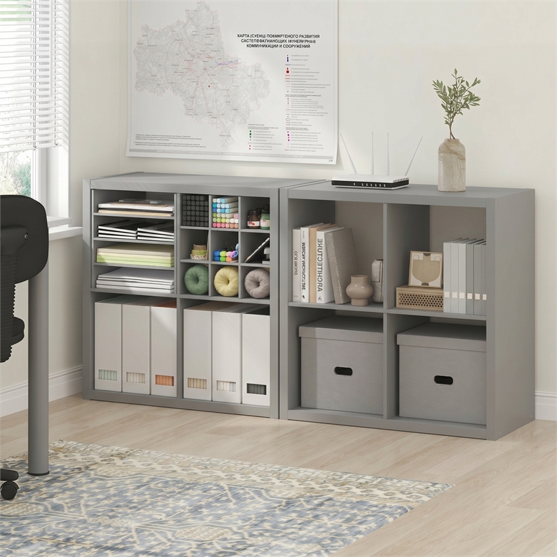 Furinno CUBICLE Set of 2. 4-Cube Thick Frame Reversible Bookcase. Light Grey