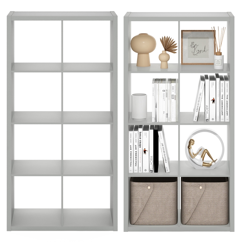 Furinno CUBICLE Set of 2. 8-Cube Thick Frame Reversible Bookcase. Light Grey