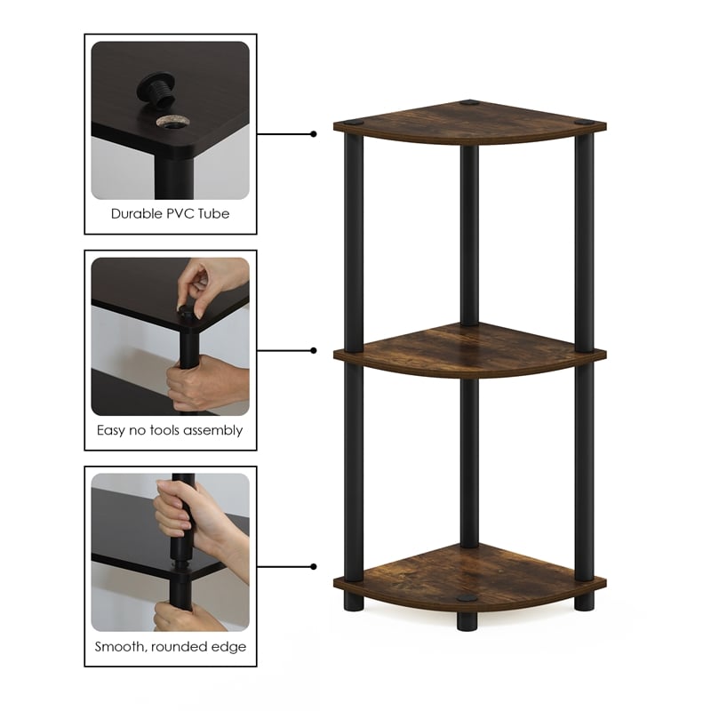 Furinno Turn-N-Tube Toolless Assembly 3-Tier Rustic Brown Corner Shelf. Pine