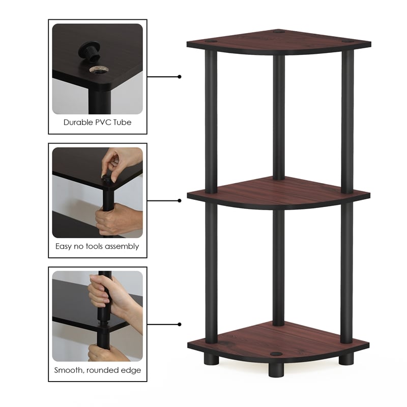 Furinno Turn-N-Tube Toolless Assembly 3-Tier Brown Corner Shelf. Dark Cherry