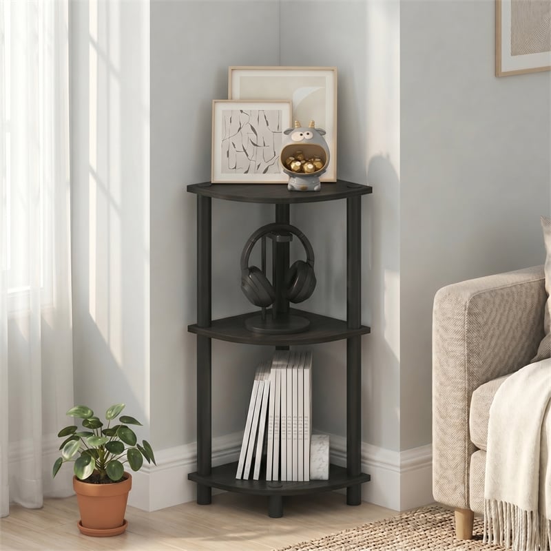 Furinno Turn-N-Tube Toolless Assembly 3-Tier Black Open Corner Shelf. Espresso
