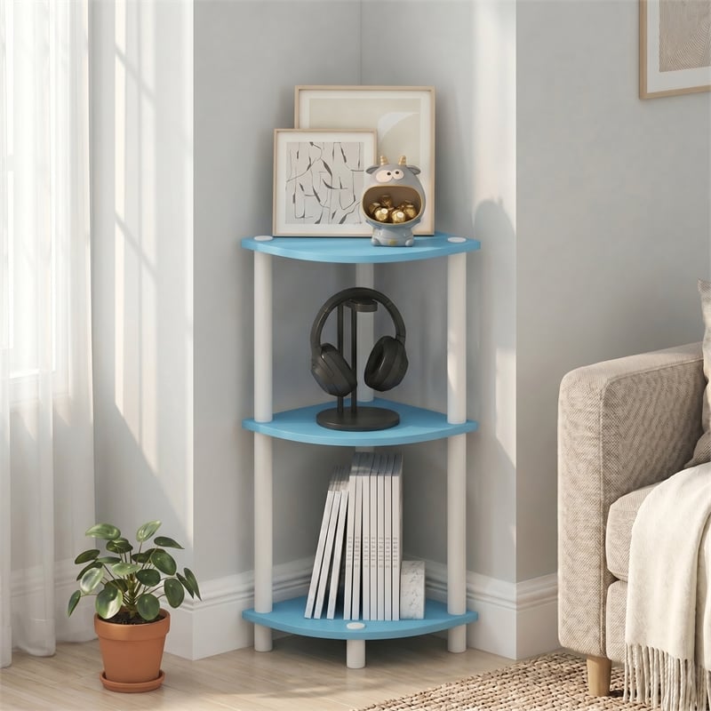 Furinno Turn-N-Tube Toolless Assembly 3-Tier Blue Open Corner Shelf. Light Blue