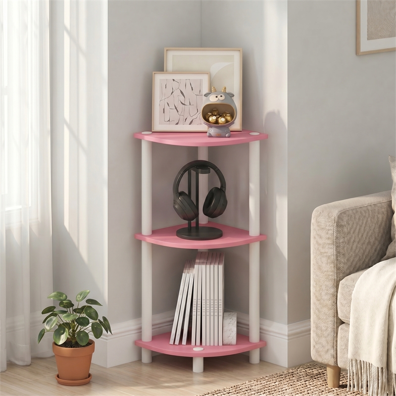 Furinno Turn-N-Tube Toolless Assembly 3-Tier Pink Open Corner Shelf. Pink