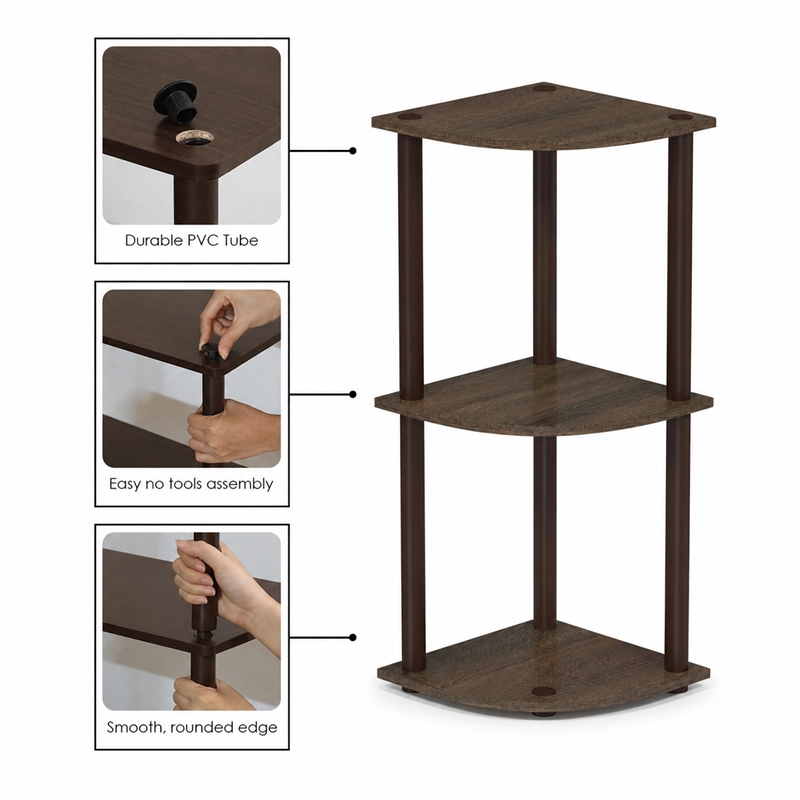 Furinno Turn-N-Tube Toolless Assembly 3-Tier Black Open Corner Shelf. Walnut