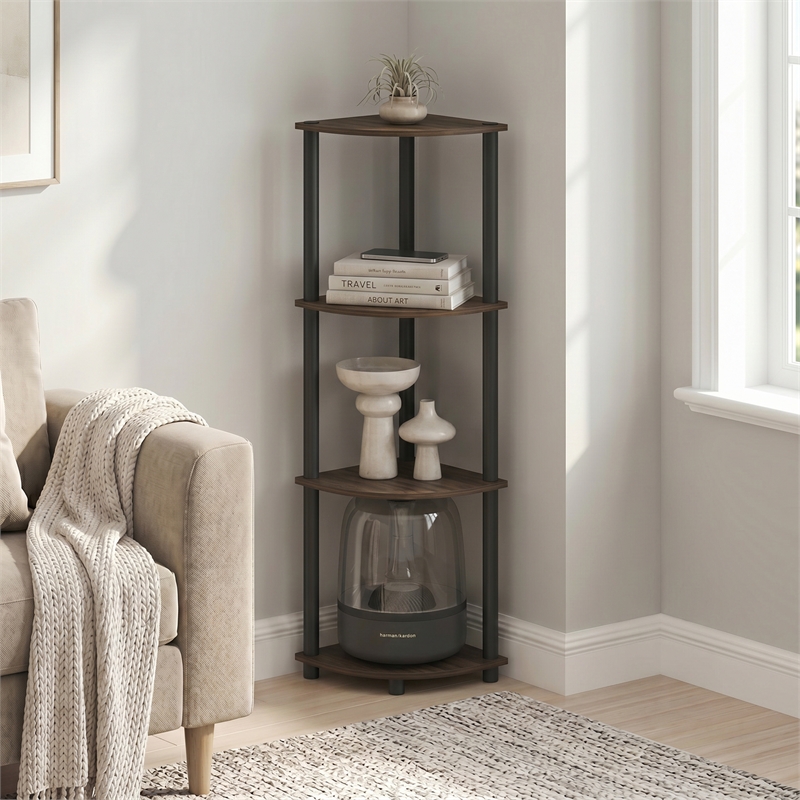 Furinno Turn-N-Tube Toolless Assembly 4-Tier Open Corner Shelf. Columbia Walnut