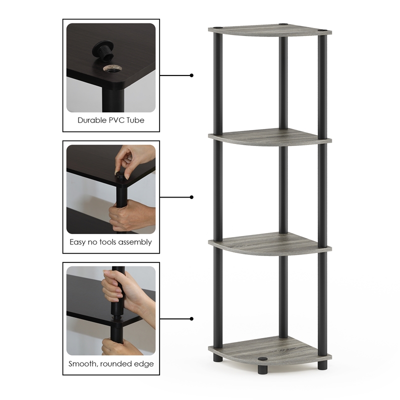 Furinno Turn-N-Tube Toolless Assembly 4-Tier Grey Open Corner Shelf. French Oak