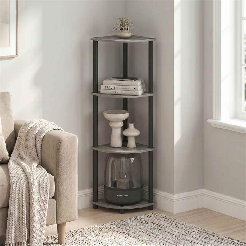 Furinno Turn-N-Tube Toolless Assembly 4-Tier Grey Open Corner Shelf. French Oak