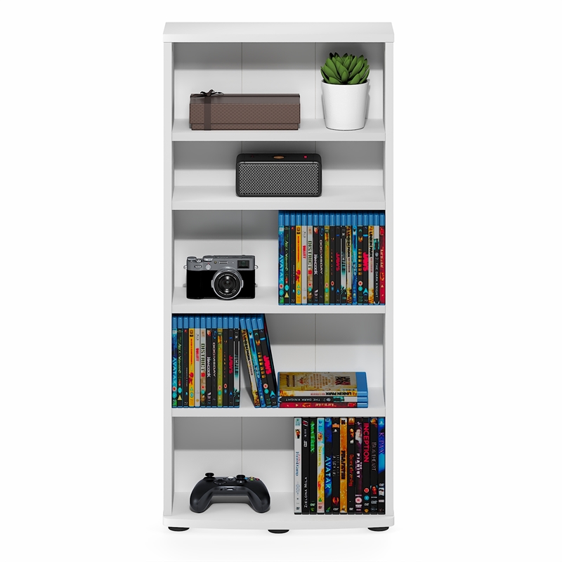 Furinno JAYA 5-Tier Adjustable Shelves CD Rack with Open Shelf. White